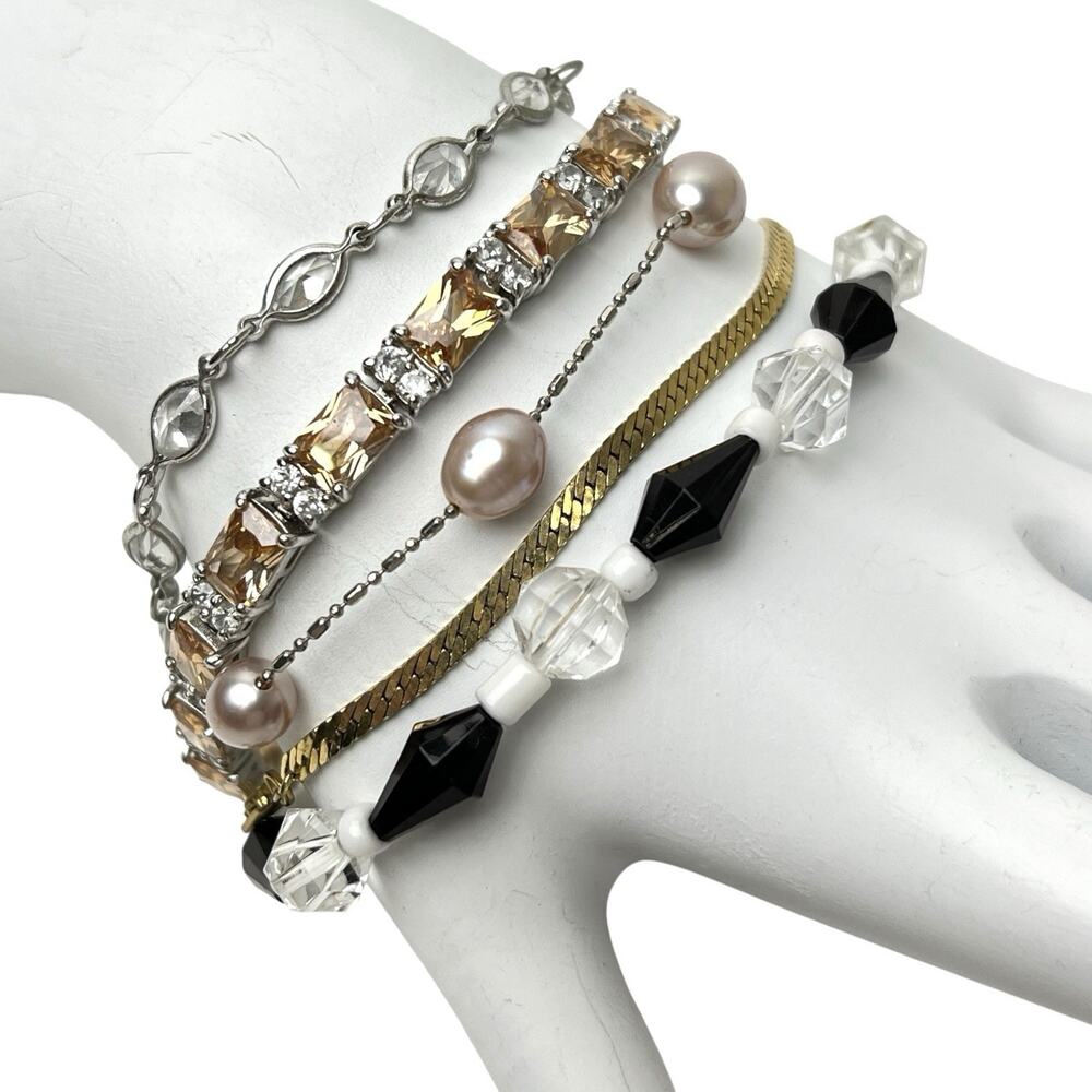 Lot Of 5 Tennis Bracelets Classic Chic Faux Pearls Rhinestone Delicate Boho Chic